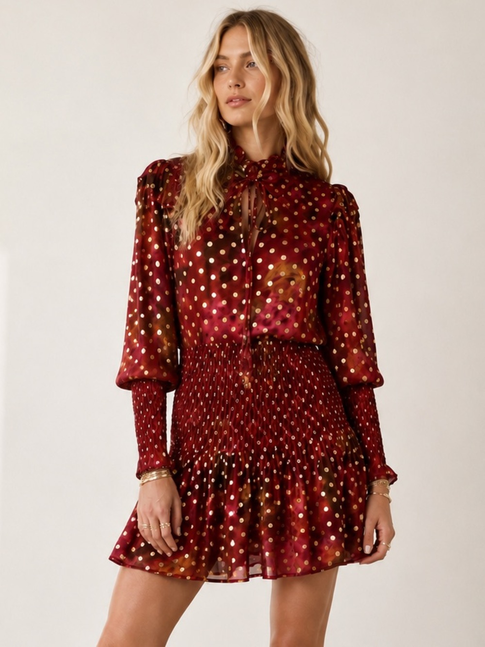 FARM RIO Banana Flowers Smocked Metallic Lurex Mini Dress Pink Red Size S EUC
